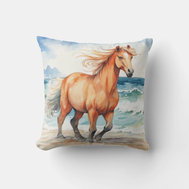 Horse on Beach Throw Pillow (Front)