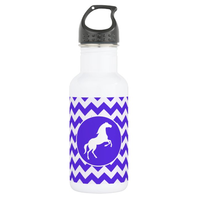 Horse on Blue Violet Chevron; Equestrian Water Bottle (Front)