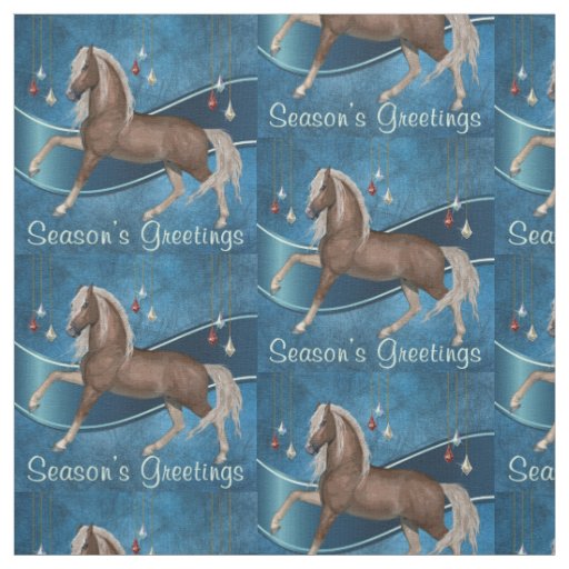 Horse On Blue with Ornaments Season's Greetings Fabric