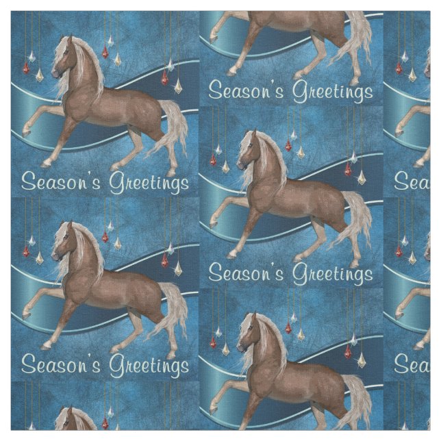 Horse On Blue with Ornaments Season's Greetings Fabric (Swatch)