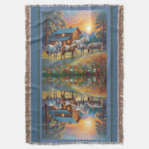 Horse on Farm Wildflower Meadow Throw Blanket