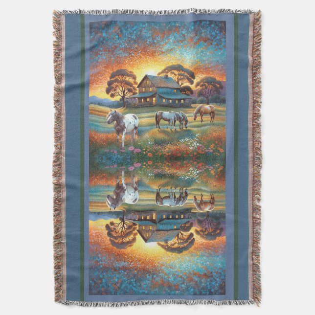 Horse on Farm Wildflower Meadow Throw Blanket (Front Vertical)
