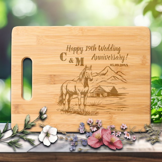Horse on Farmhouse 19th Wedding Anniversary  Engraved Cutting Board (Creator Uploaded)
