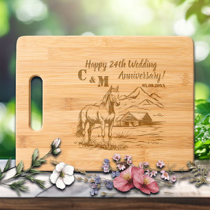 Horse on Farmhouse 24th Wedding Anniversary  Engraved Cutting Board