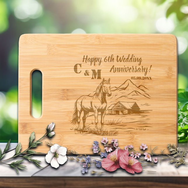 Horse on Farmhouse 6th Wedding Anniversary  Engraved Cutting Board (Creator Uploaded)