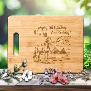 Horse on Farmhouse 9th Wedding Anniversary Engraved Cutting Board