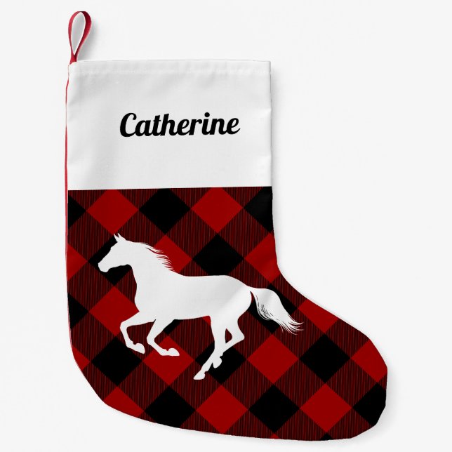 Horse on Red Buffalo Plaid Custom Small Christmas Stocking (Front)