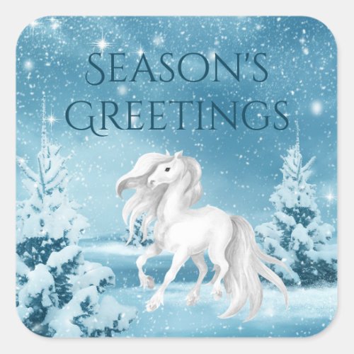 Horse on Snowy Night Seasons Greetings Christmas Square Sticker