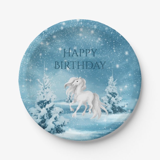 Horse on Snowy Night Winter Happy Birthday Paper Plates (Front)