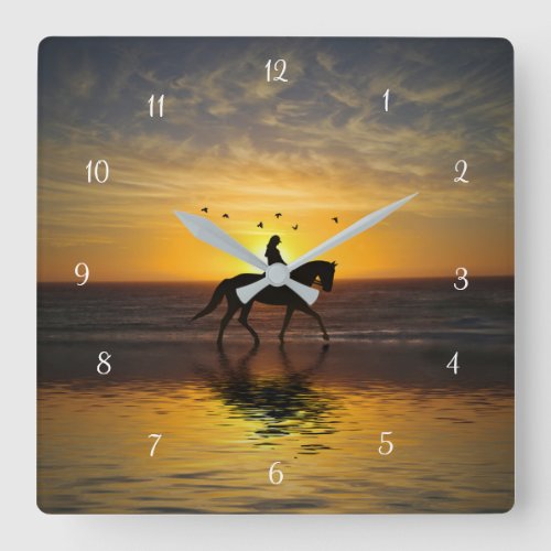 Horse on the Beach with Rider at Sunset Beautiful Square Wall Clock