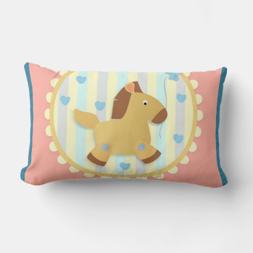 Horse on Warm Stripe Background with Blue Hearts   Lumbar Pillow