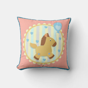 Horse on Warm Stripe Background with Blue Hearts Throw Pillow