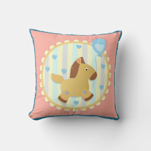 Horse on Warm Stripe Background with Blue Hearts   Throw Pillow