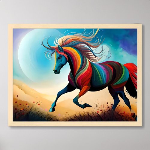 horse painting colorful run illuminated moon night poster