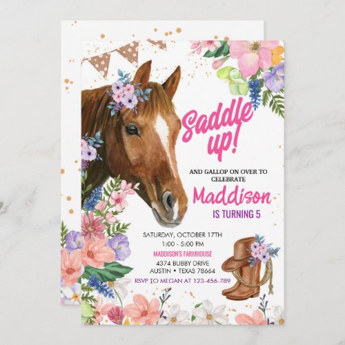 Horse Party Cowgirl  Pink Floral Birthday  Invitation