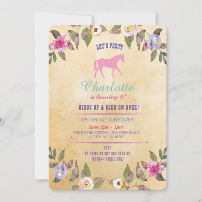 Horse Party Floral Invite Pony Pink Invitation (Front)