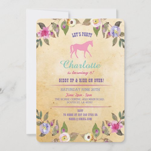 Horse Party Floral Invite Pony Pink Invitation