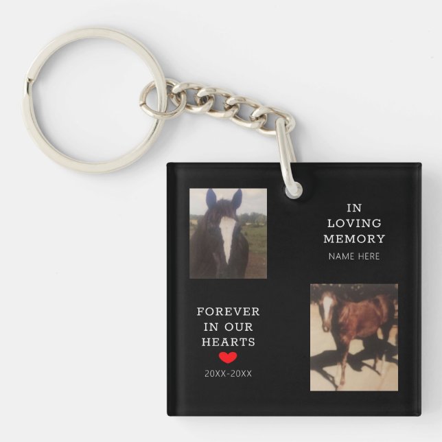 Horse Pet Memorial Red Heart Two Photo Customized Keychain (Front)