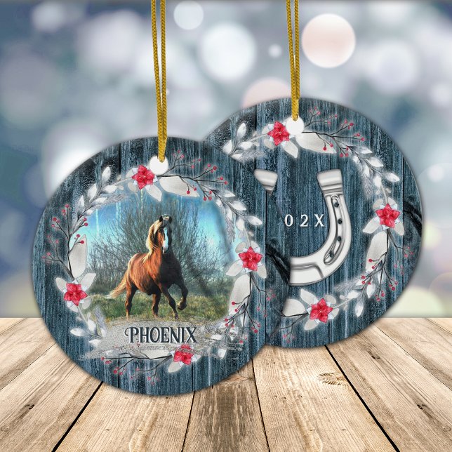 Horse photo blue wood frame silver ceramic ornament (Horse photo Christmas ornament with blue barn wood frame and silver horseshoe, personalized horse.)