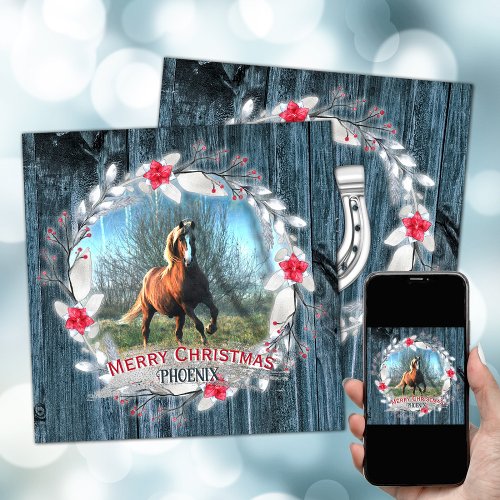 Horse photo blue wood frame silver holiday card