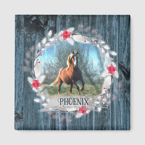 Horse photo blue wood frame silver magnet