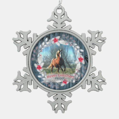 Horse photo blue wood frame silver snowflake pewter christmas ornament