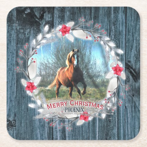 Horse photo blue wood frame silver square paper coaster