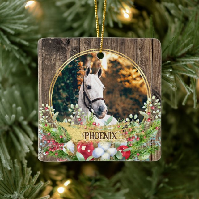 Horse photo wood frame gold Christmas  Ceramic Ornament (Tree)
