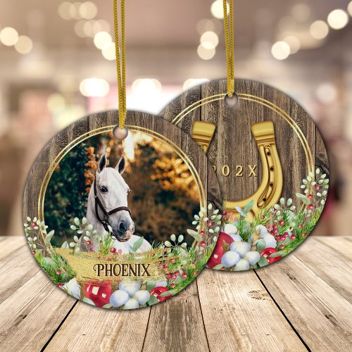 Horse photo wood frame gold Christmas  Ceramic Ornament