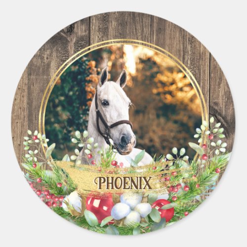Horse photo wood frame gold Christmas  Classic Round Sticker