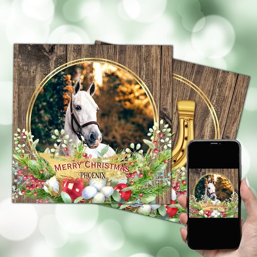 Horse photo wood frame gold Christmas  Holiday Card