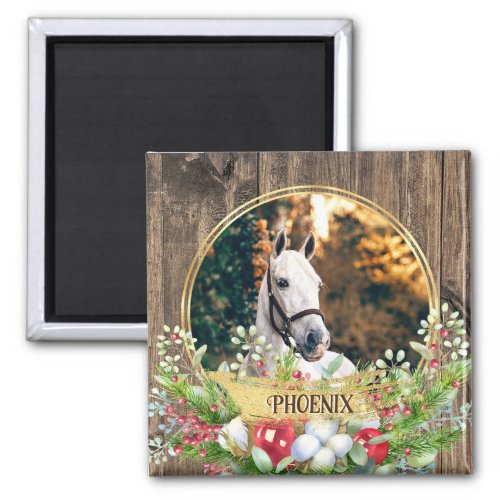 Horse photo wood frame gold Christmas  Magnet