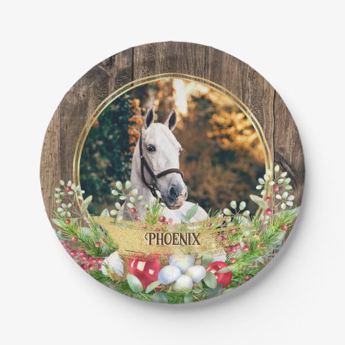 Horse photo wood frame gold Christmas  Paper Plates