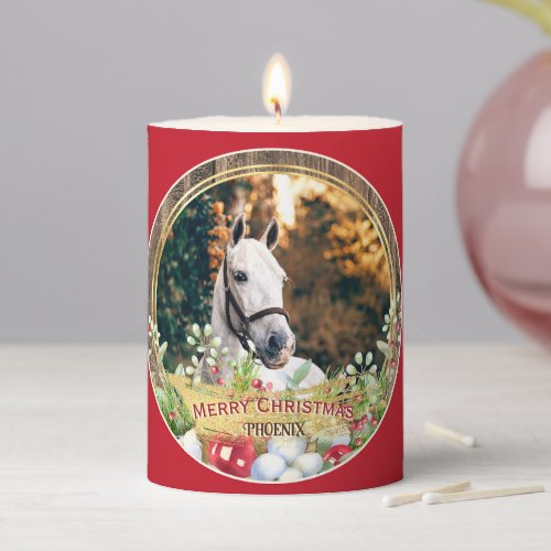 Horse photo wood frame gold Christmas  Pillar Candle