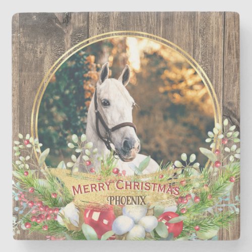 Horse photo wood frame gold Christmas  Stone Coaster