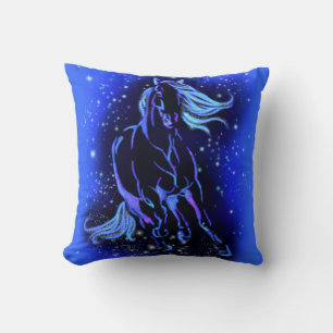 Horse Pillow Running In Blue Starry Moonlight