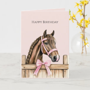 Horse Pink Bow Fence Birthday Card