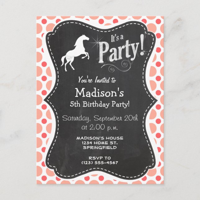 Horse; Pink & Coral Polka Dots Invitation Postcard (Front)