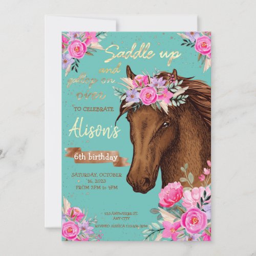 Horse Pink Floral Birthday  Invitation