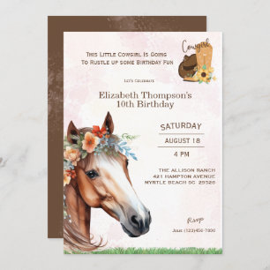 Horse Pink Floral Birthday Invitation