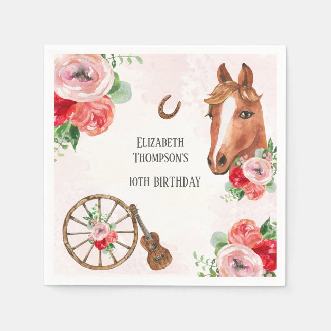 Horse Pink Floral Birthday  Napkins (Front)