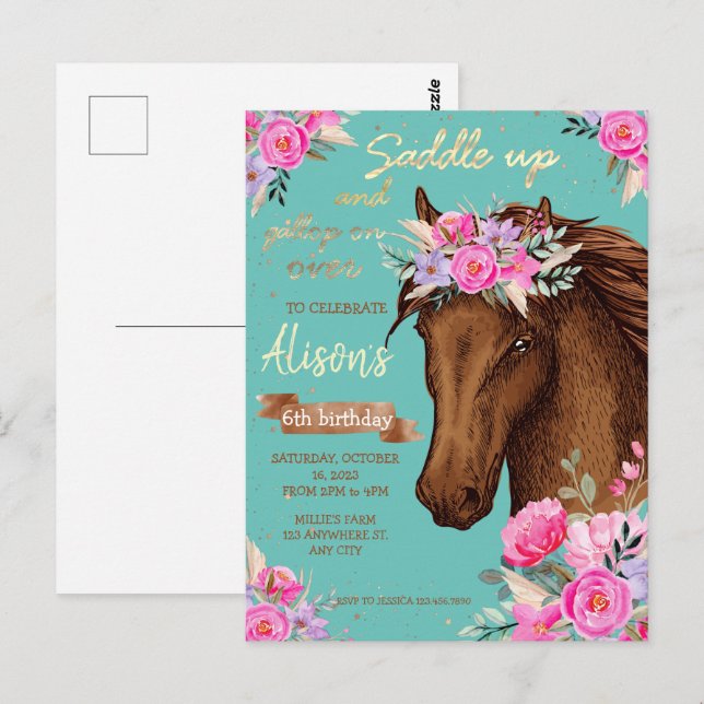 Horse Pink Floral Birthday  Postcard (Front/Back)
