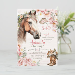 Horse Pink Floral Girl Saddle Up Cowgirl Birthday Invitation