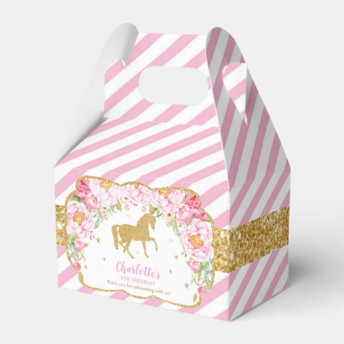 Horse Pink Floral Gold Glitter Birthday Thank You Favor Boxes