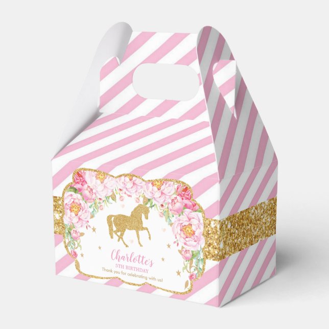 Horse Pink Floral Gold Glitter Birthday Thank You Favor Boxes (Front Side)