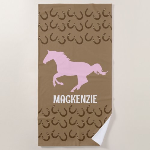 Horse Pink Galloping Horseshoes Brown Equestrian Beach Towel