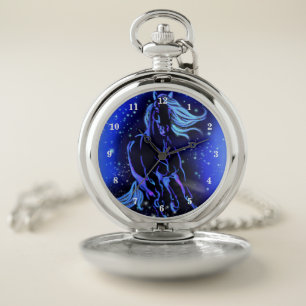 Horse Pocket Watch Running In Blue Starry Night
