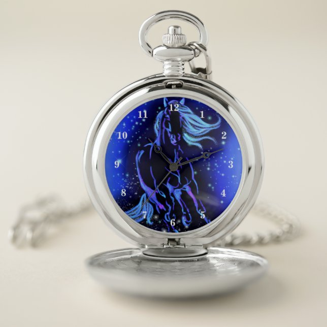 Horse Pocket Watch Running In Blue Starry Night (Inside)