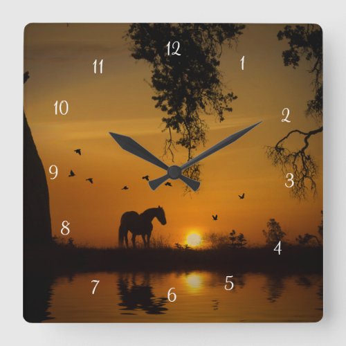 Horse Pond Sunset and Birds Country Square Wall Clock