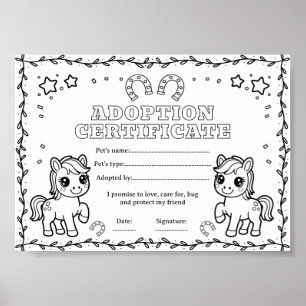 Horse pony adopt a pet coloring certificate poster